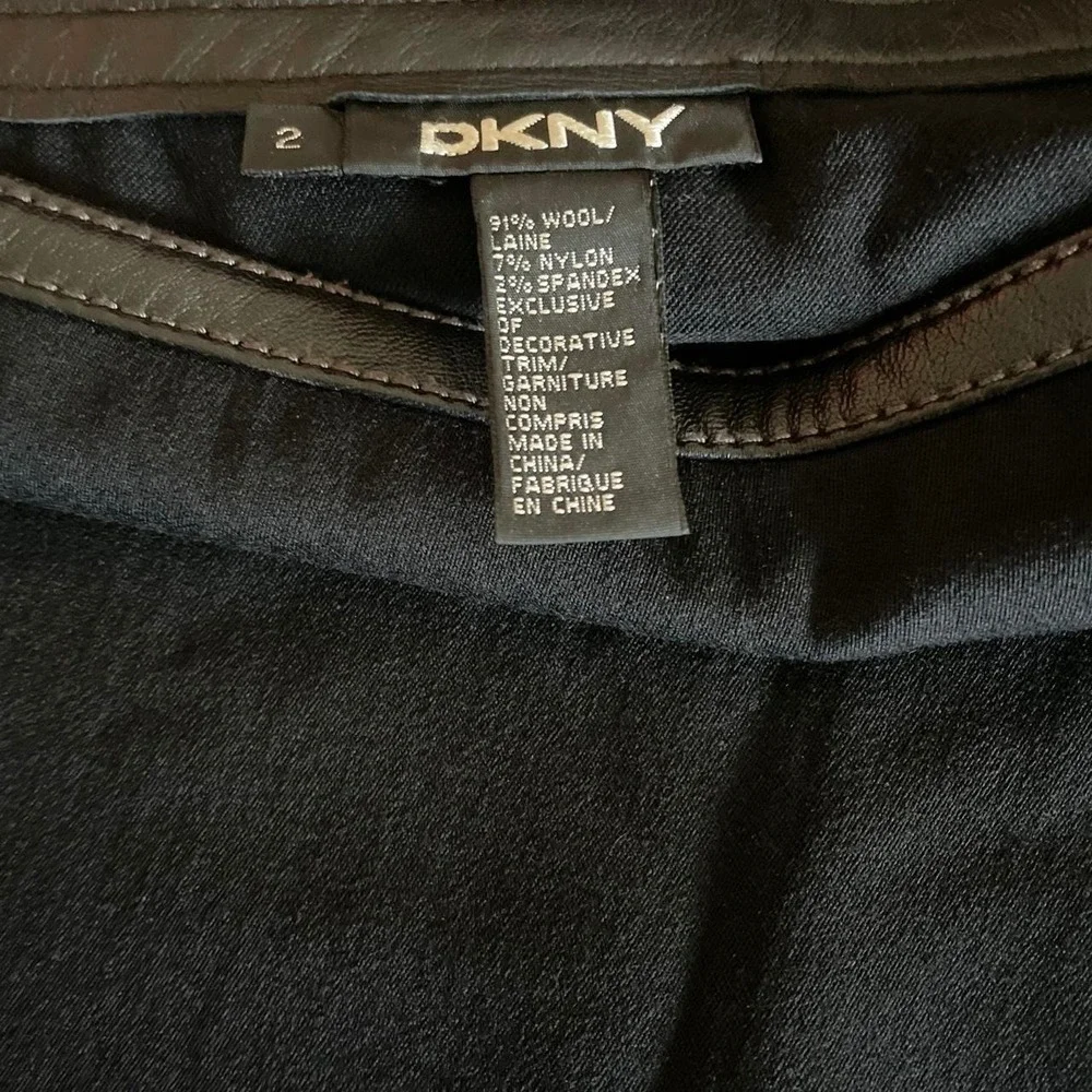 Black DKNY Wool Midi Office Siren Skirt Leather Trim Sz 2